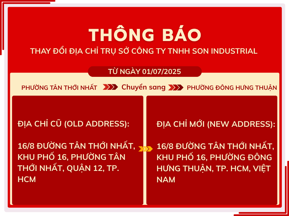 Thông báo thay đổi địa chỉ trụ sở Công ty TNHH SON Industrial